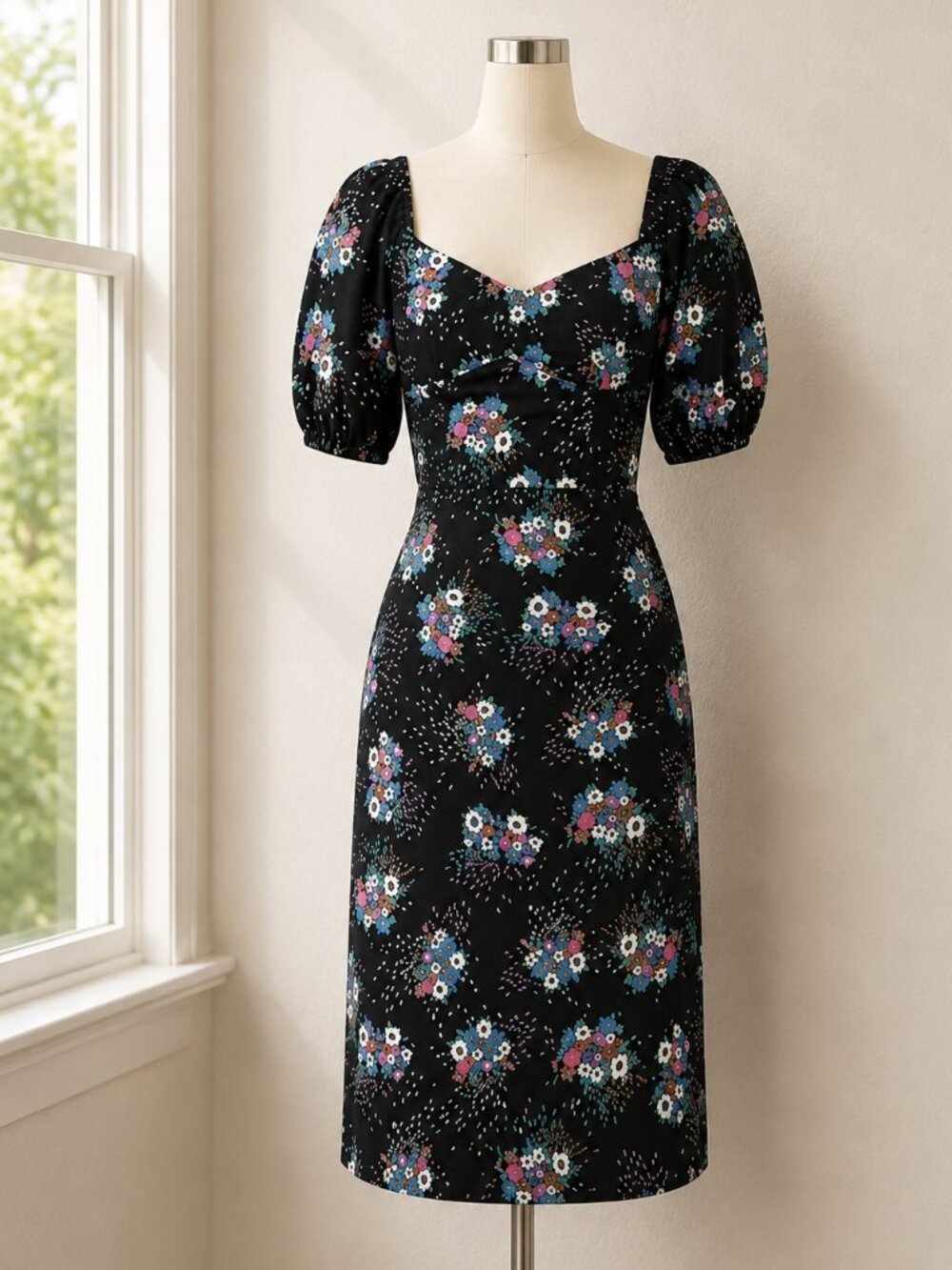 Anthropologie Tabia Black Floral Puff Sleeve Dress 6 Cottagecore Goth